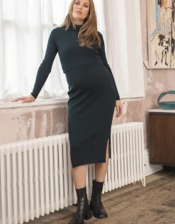 Fashion Seraphine Adair | Green Ribbed Knit Maternity & Nursing Midi Dress
