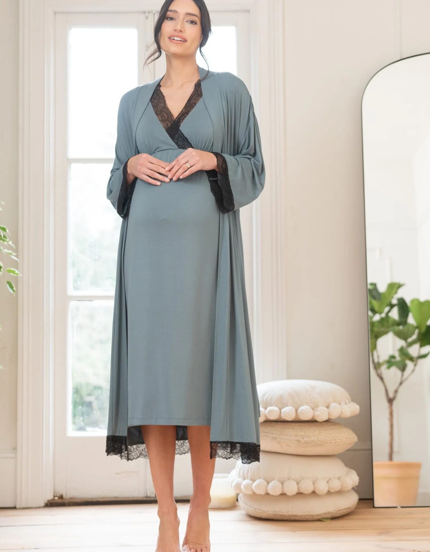 Store Seraphine Adley | Lace Trim Kimono-Style Dressing Maternity-To-Nursing Gown