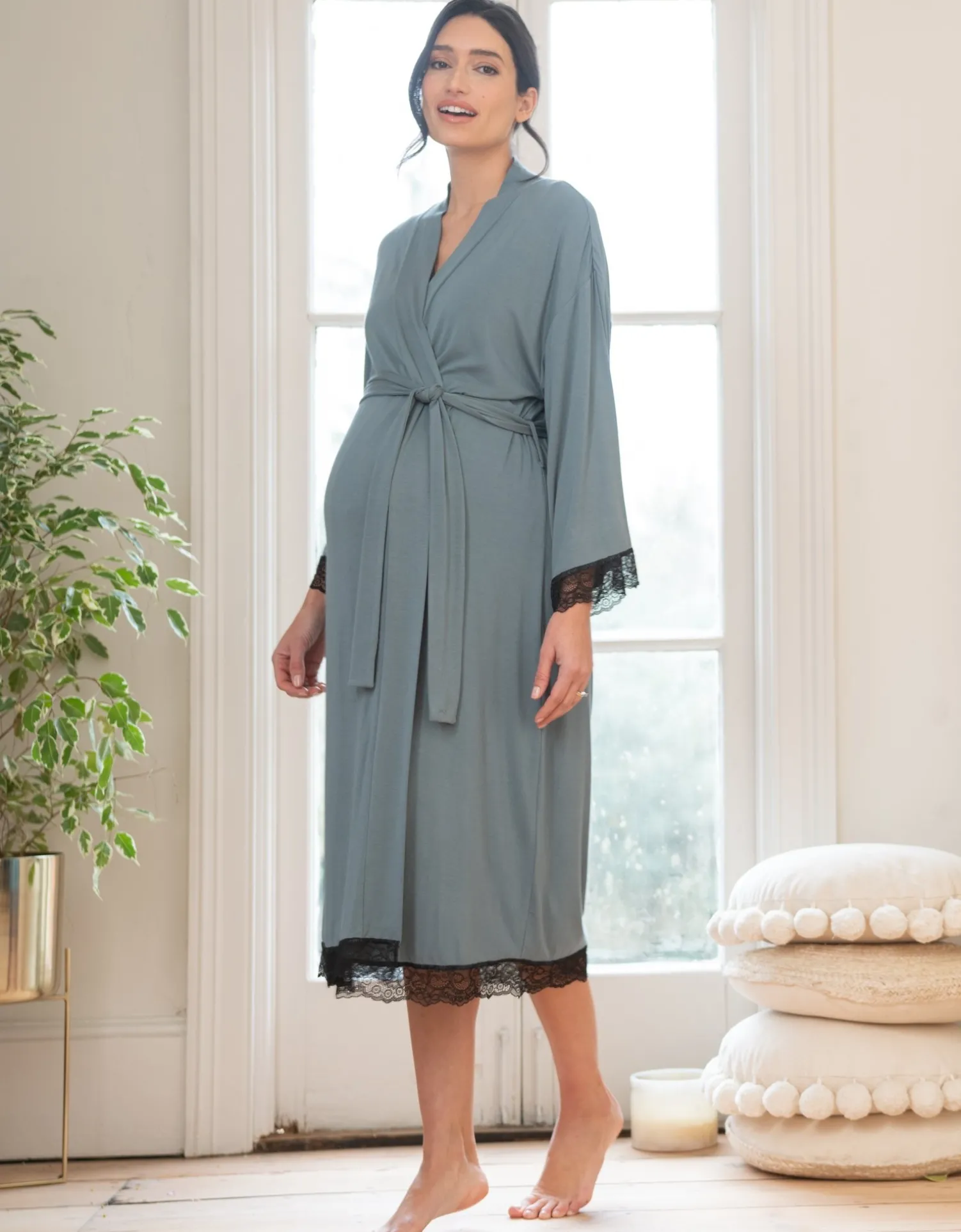 Store Seraphine Adley | Lace Trim Kimono-Style Dressing Maternity-To-Nursing Gown