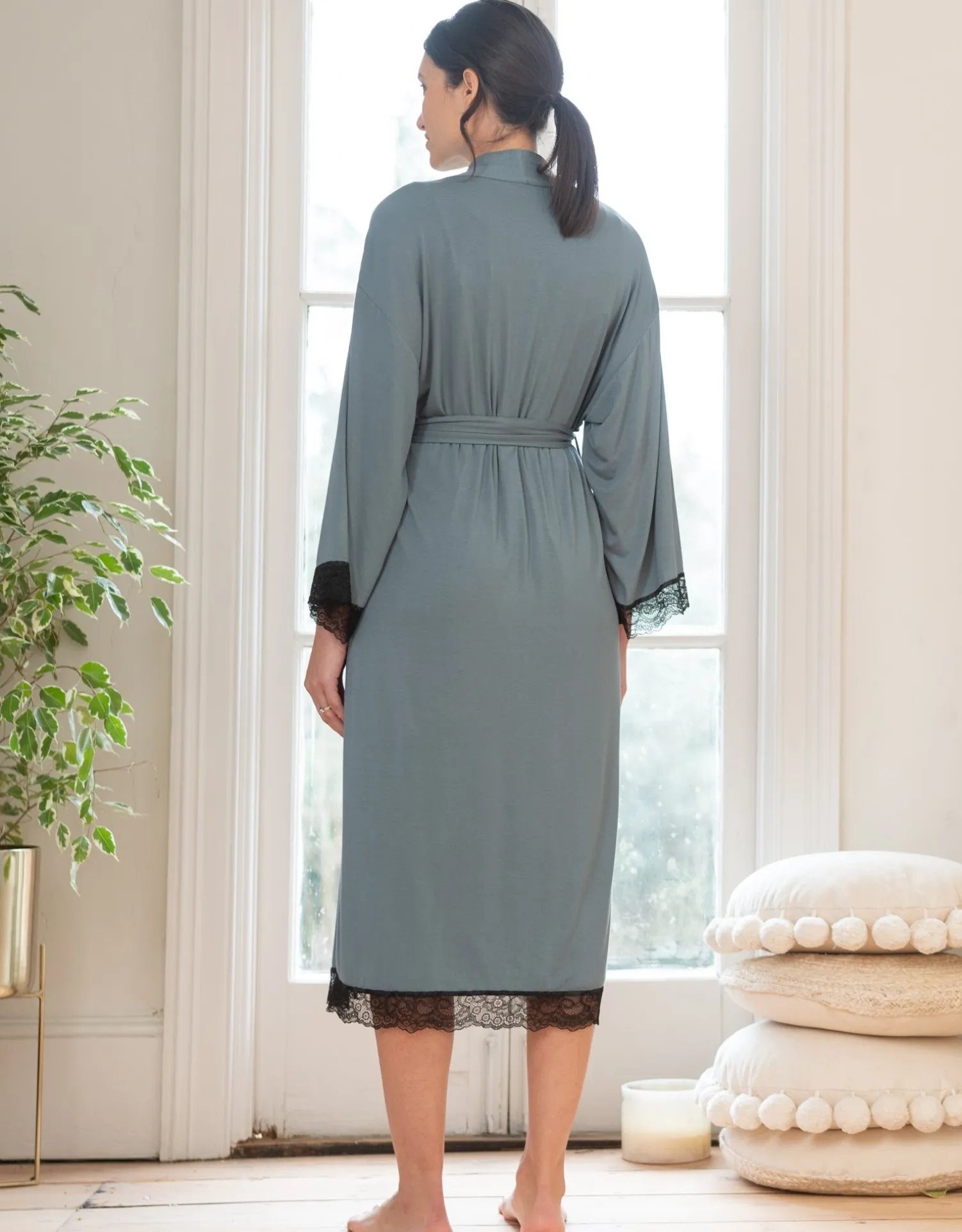 Store Seraphine Adley | Lace Trim Kimono-Style Dressing Maternity-To-Nursing Gown
