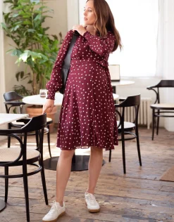 New Seraphine Alessandra | Burgundy Polka Dot Maternity & Nursing Shirt Dress