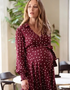 New Seraphine Alessandra | Burgundy Polka Dot Maternity & Nursing Shirt Dress