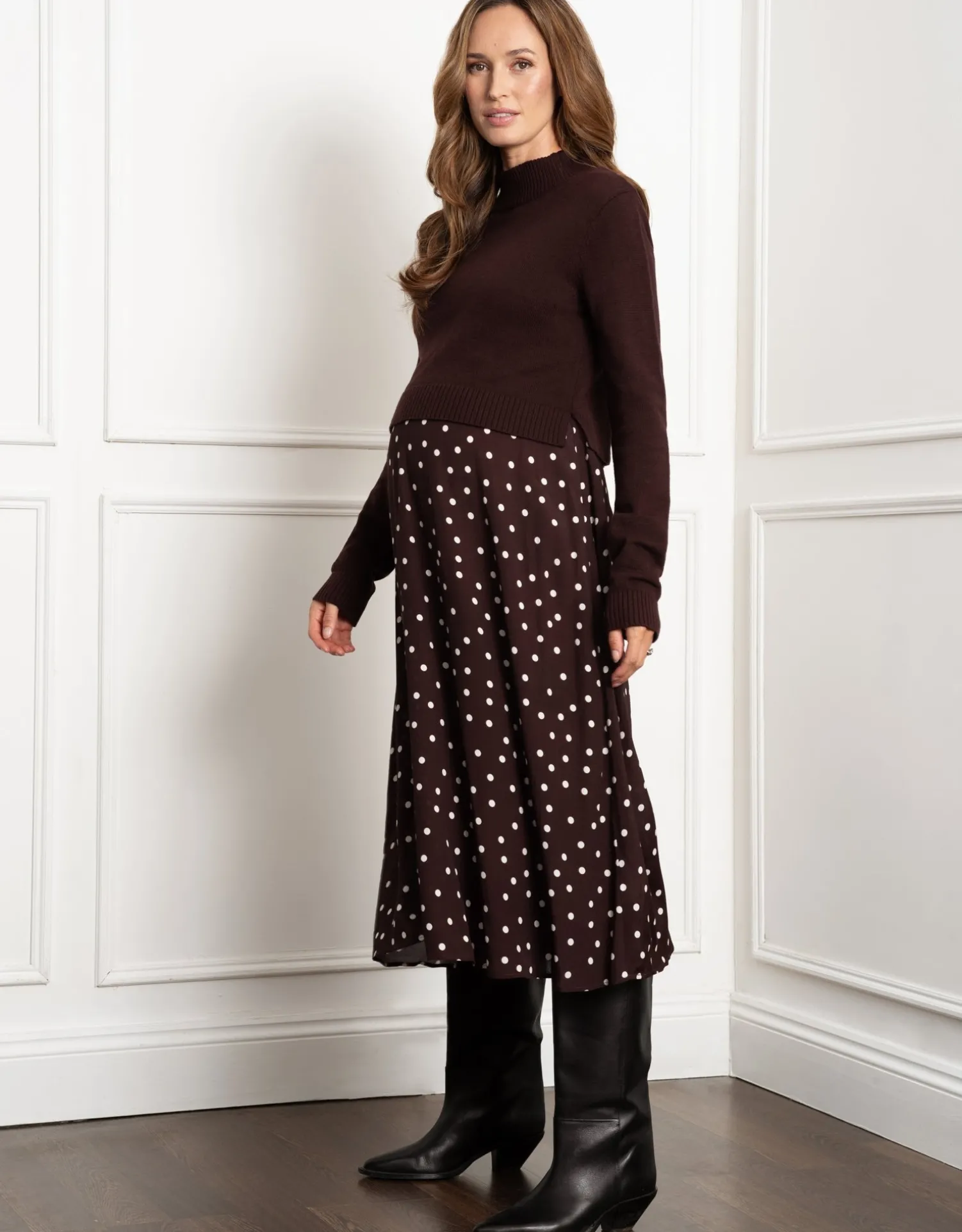 Clearance Seraphine Ayra | Knit Maternity & Nursing Topper with Spot Print Skirt