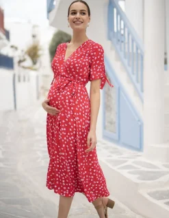 Clearance Seraphine Bessie | Red Midi Wrap Maternity Dress