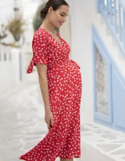 Clearance Seraphine Bessie | Red Midi Wrap Maternity Dress