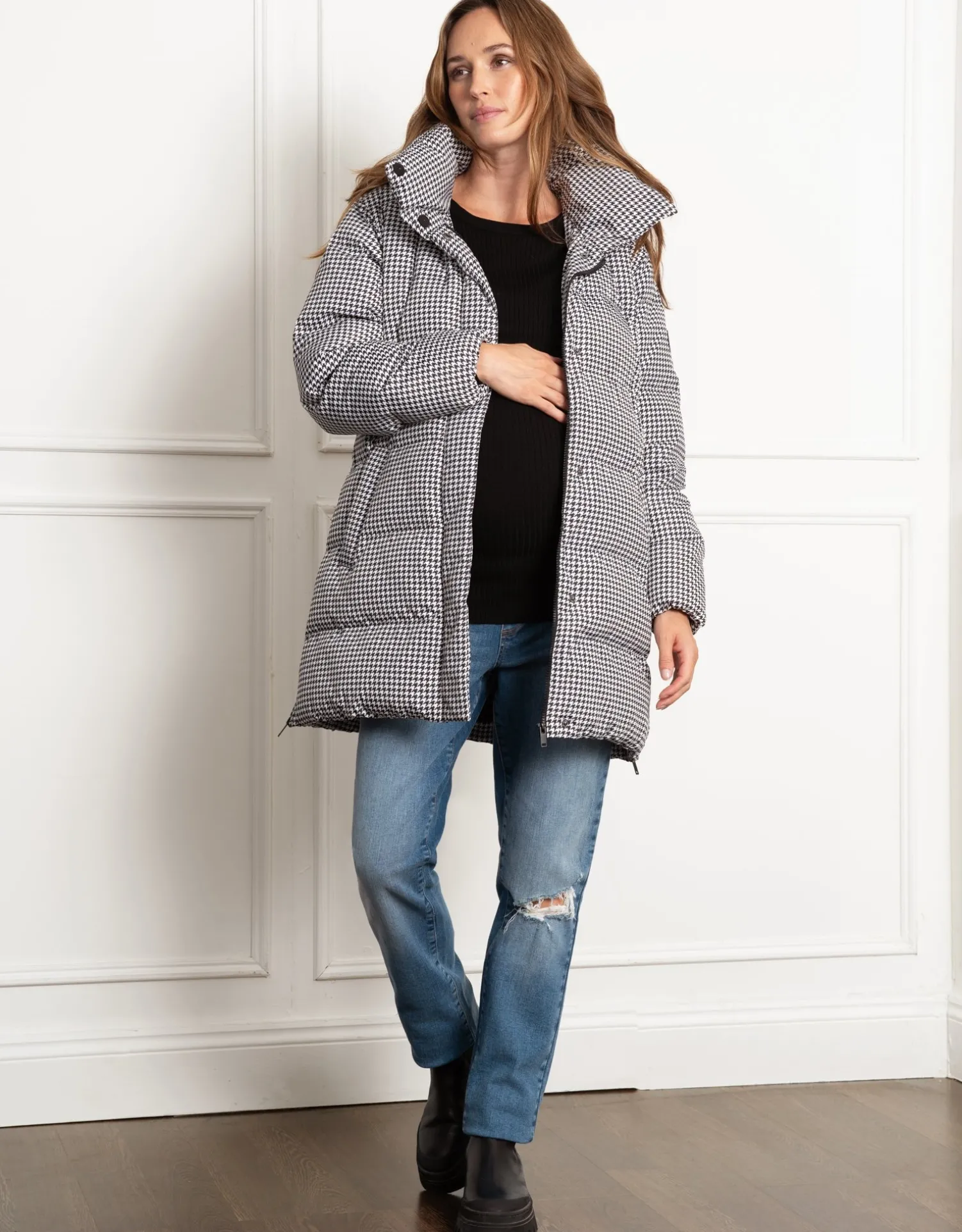 Online Seraphine Cozette | Houndstooth Belted Puffer Maternity Coat