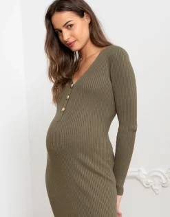 Shop Seraphine Darlina | Khaki Ribbed Knit Midi Maternity Dress