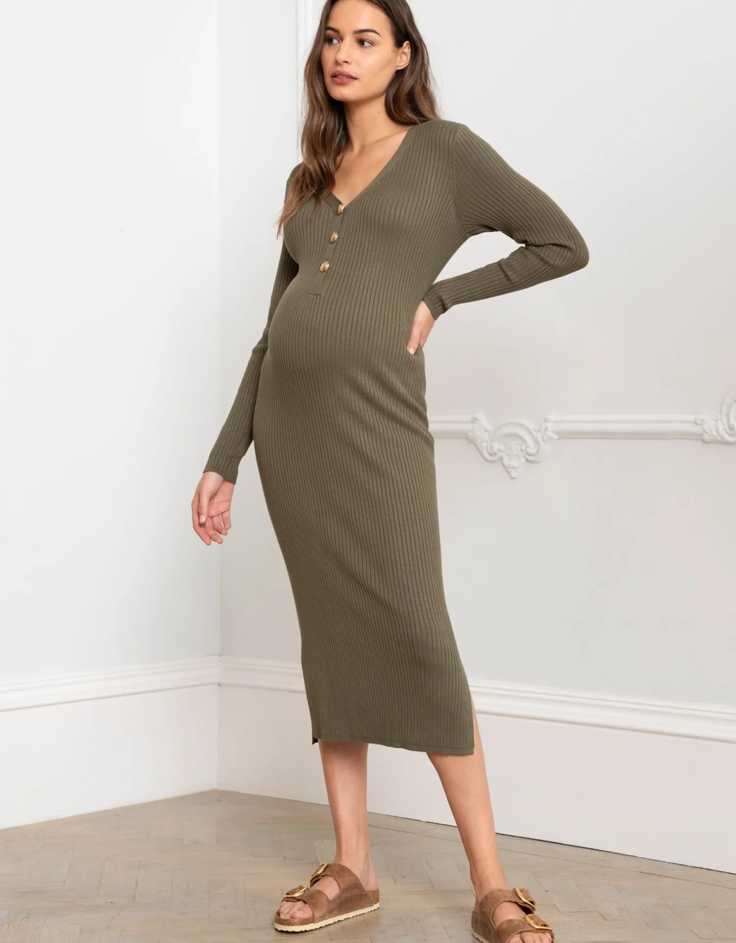 Shop Seraphine Darlina | Khaki Ribbed Knit Midi Maternity Dress