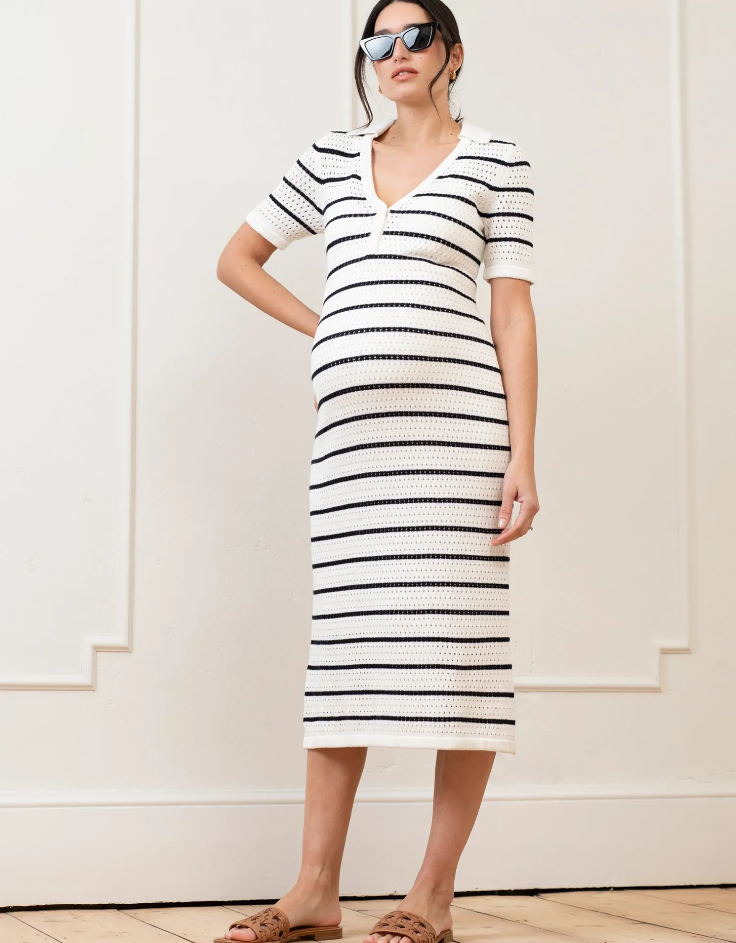 Sale Seraphine Eura | Crochet-Look Striped Collar Midi Maternity and Nursing Dress