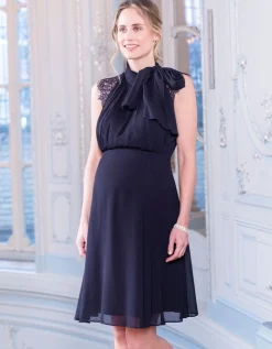 Clearance Seraphine Galina | Midnight Blue Maternity & Nursing Dress with Neckline Tie