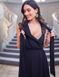 Clearance Seraphine Galina | Midnight Blue Maternity & Nursing Dress with Neckline Tie