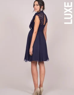 Clearance Seraphine Galina | Midnight Blue Maternity & Nursing Dress with Neckline Tie