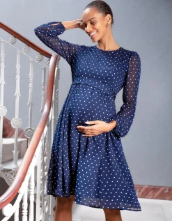 Outlet Seraphine Gracelyn | Navy & White Spot Chiffon Maternity to Nursing Dress