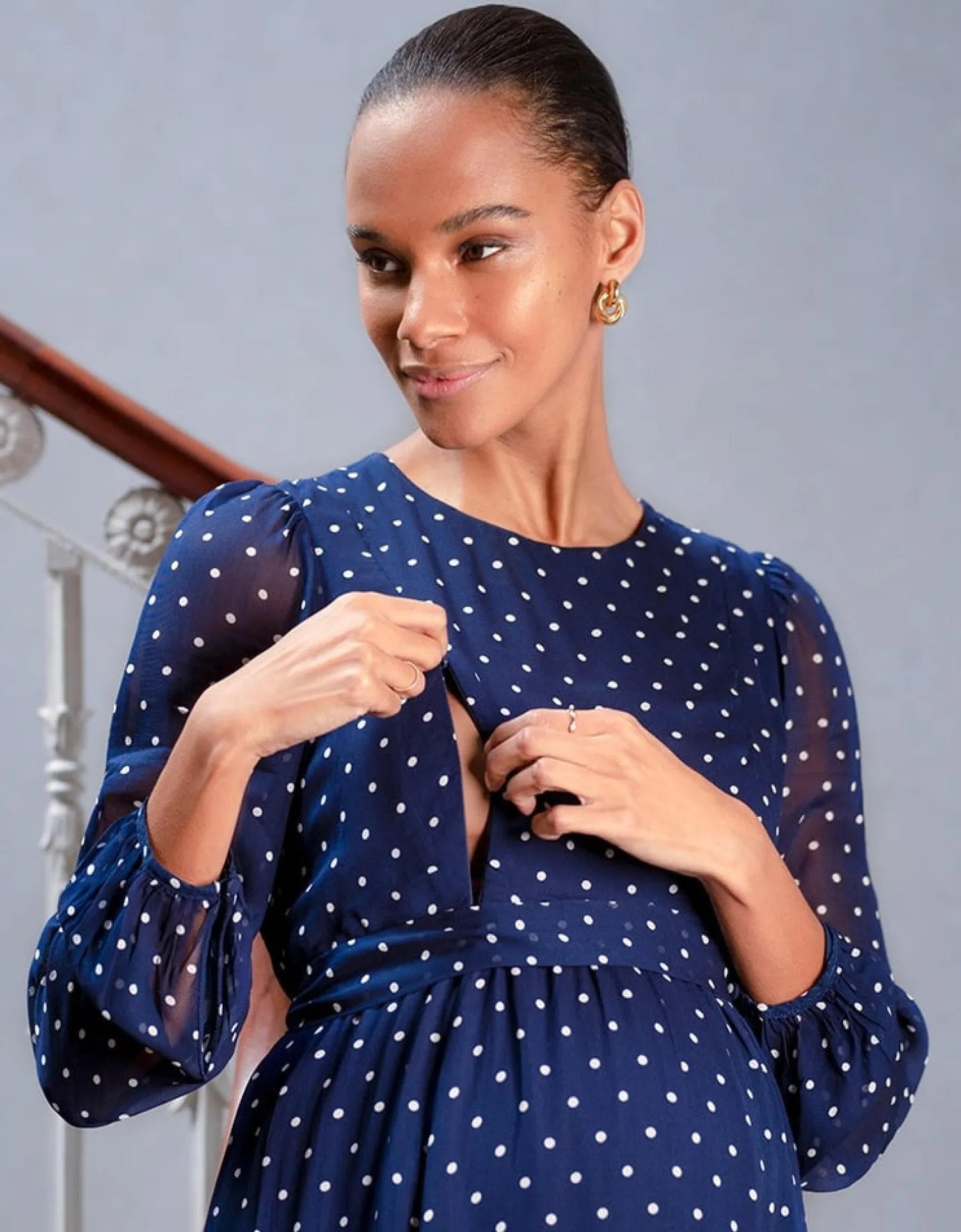 Outlet Seraphine Gracelyn | Navy & White Spot Chiffon Maternity to Nursing Dress