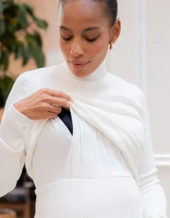 Flash Sale Seraphine Grazia | Cream Ribbed Maternity & Nursing Midi Dress