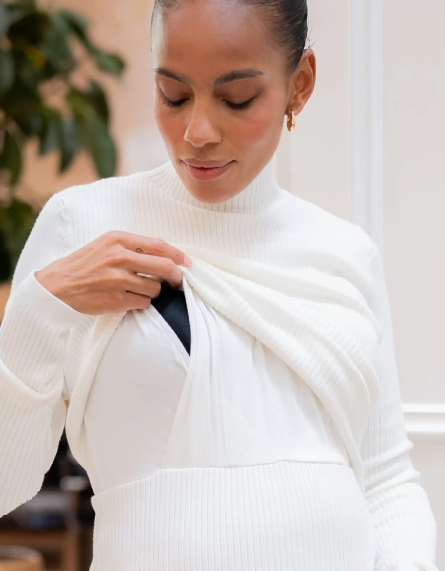 Flash Sale Seraphine Grazia | Cream Ribbed Maternity & Nursing Midi Dress