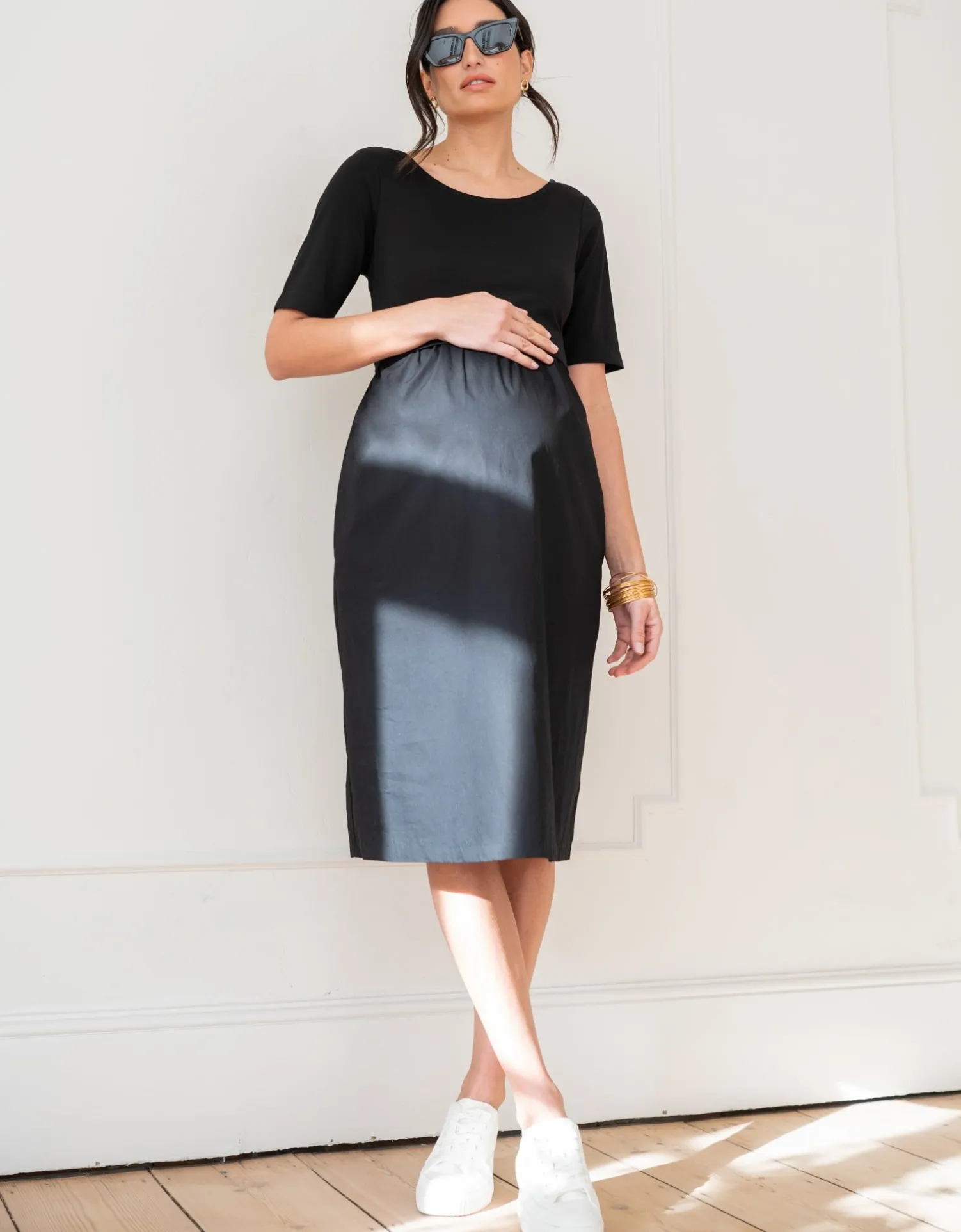Clearance Seraphine Lauritz | Cotton Poplin Maternity and Nursing Dress With Jersey Top