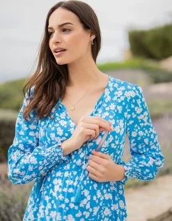 Shop Seraphine Margeaux | Blue & White Boho Midi Maternity & Nursing Dress