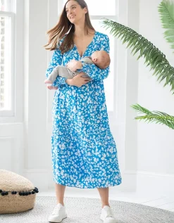 Shop Seraphine Margeaux | Blue & White Boho Midi Maternity & Nursing Dress
