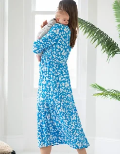 Shop Seraphine Margeaux | Blue & White Boho Midi Maternity & Nursing Dress