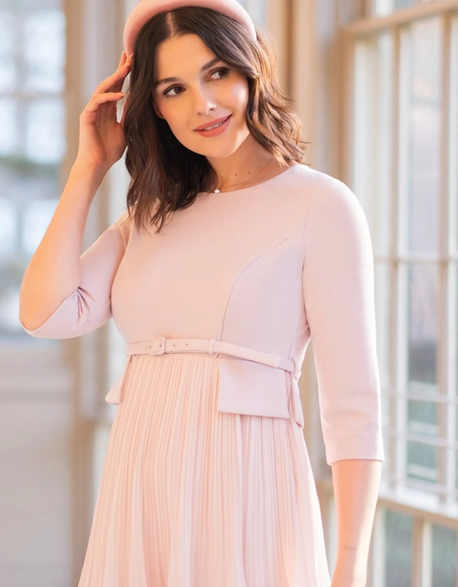 Clearance Seraphine Sophian | Blush Pink Pleated Maternity & Nursing Dress