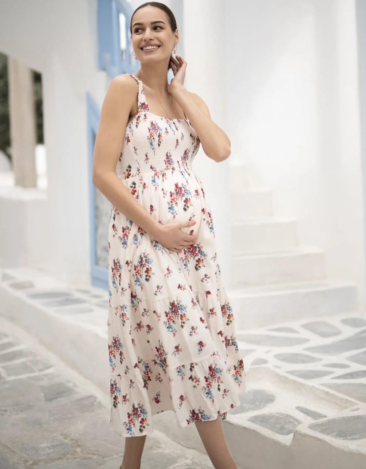 Best Seraphine Tula | White Floral Tiered Midi Maternity Dress
