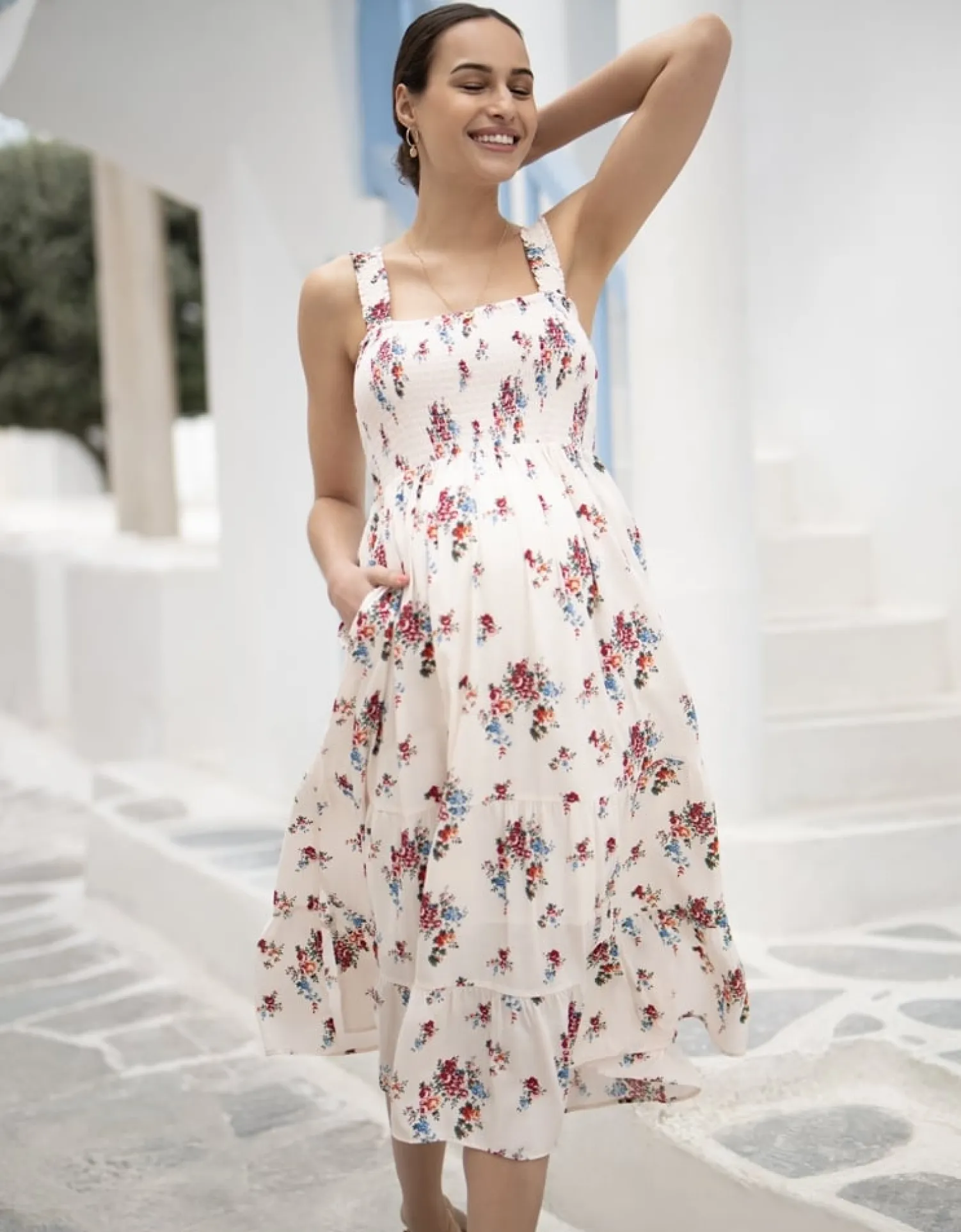 Best Seraphine Tula | White Floral Tiered Midi Maternity Dress