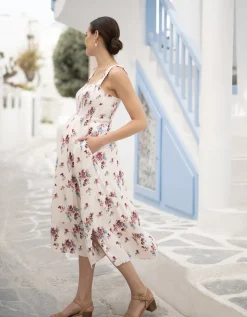 Best Seraphine Tula | White Floral Tiered Midi Maternity Dress