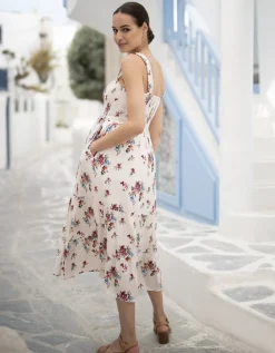 Best Seraphine Tula | White Floral Tiered Midi Maternity Dress