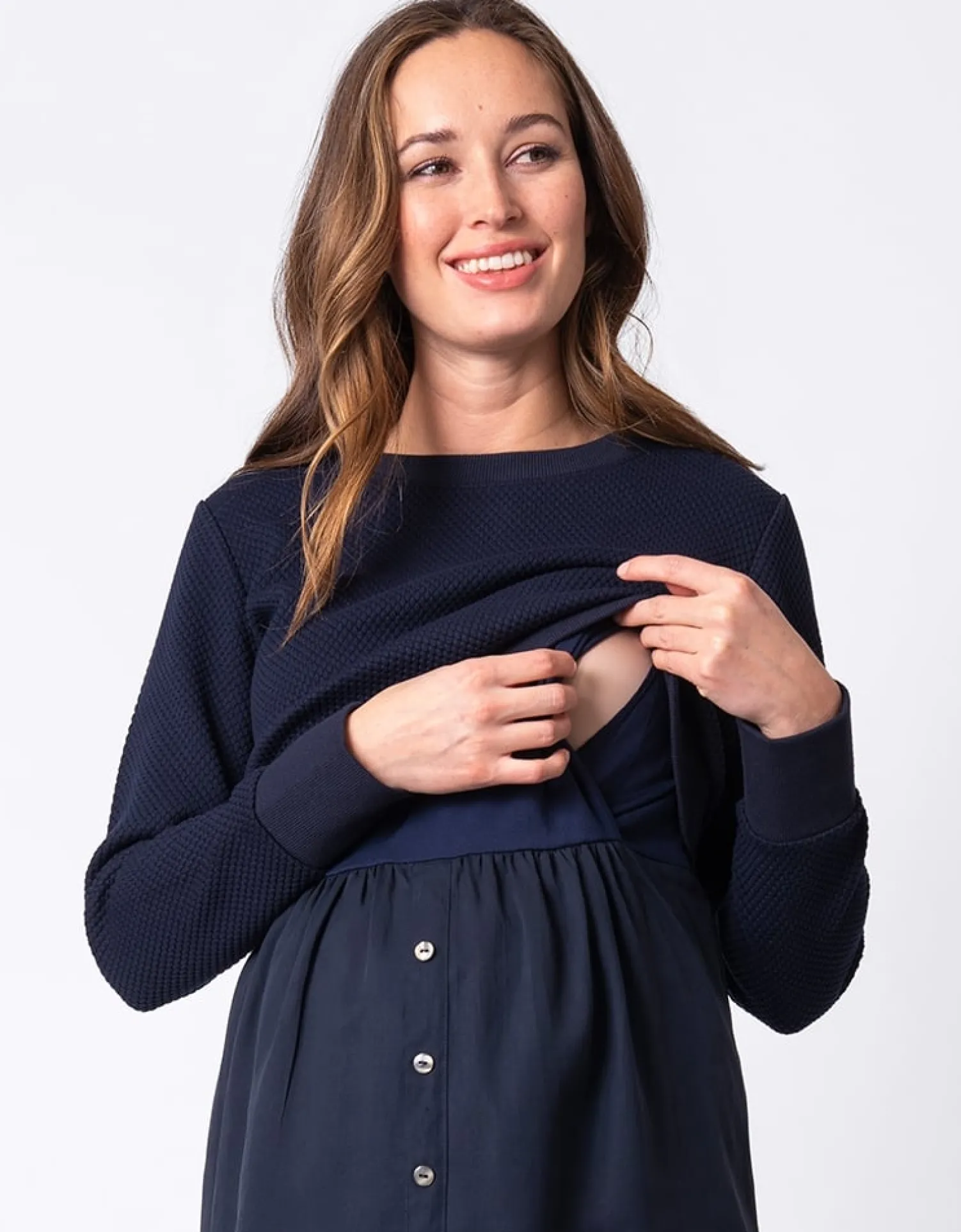 New Seraphine Tulia | Navy Blue Mock Sweater Maternity & Nursing Dress