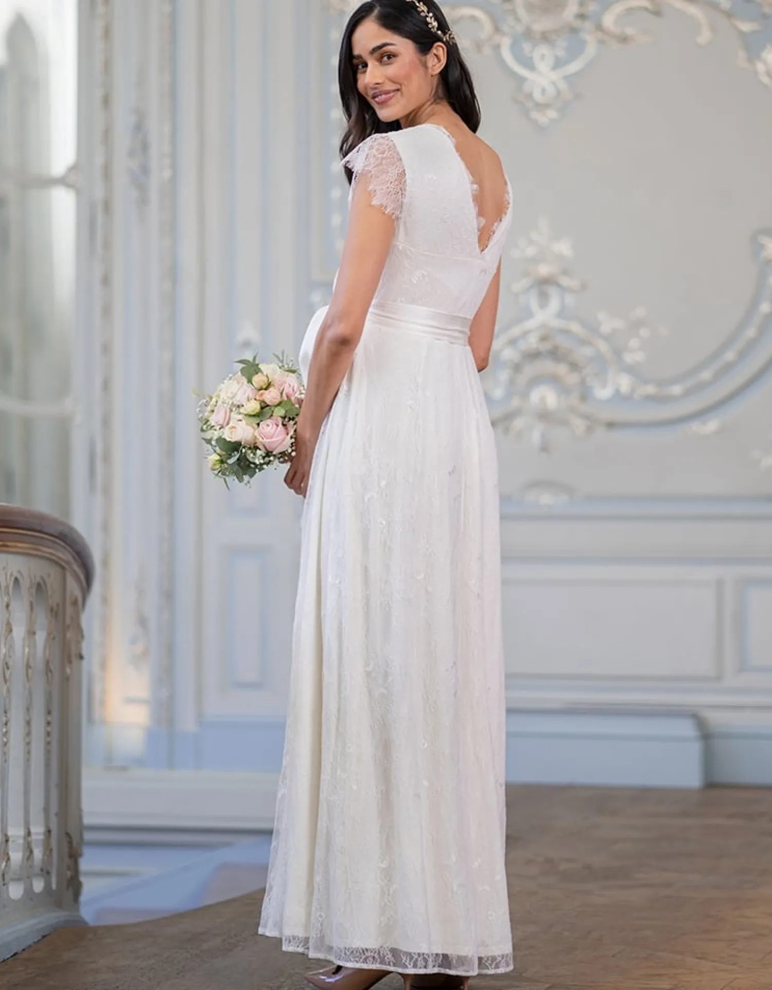 Shop Seraphine Vivienne | Long Lace V Neck Maternity Bridal Gown